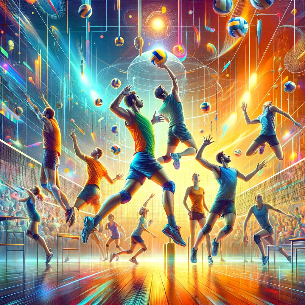 Une scène dynamique et colorée d'un terrain de volleyball, montrant plusieurs joueurs en action, pratiquant différents gestes techniques tels que le service, la passe et l'attaque. L'image capture l'énergie et l'esprit d'équipe du sport, mettant en valeur la diversité et la complexité de l'apprentissage de compétences multiples en volleyball